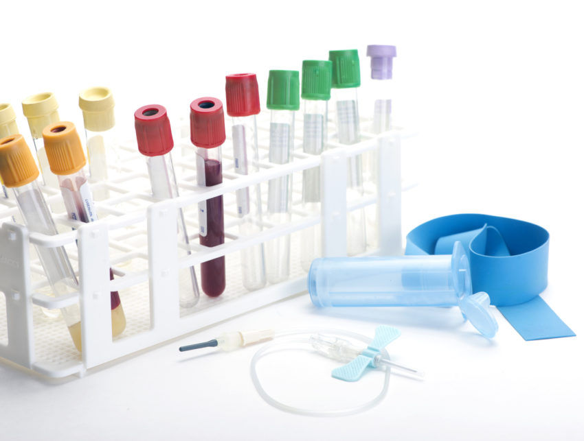 Blood Collection Tubes Blood collection tubes in tube rack with blue butterfly catheter.