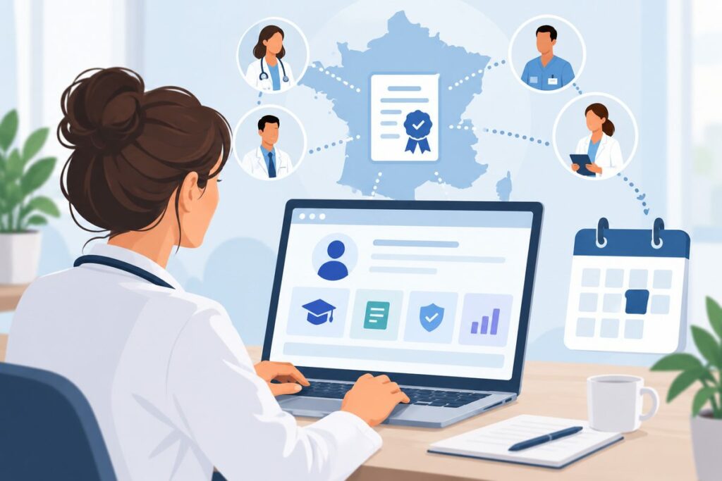 Une professionnelle de santé consulte son compte individuel de certification périodique sur la plateforme Ma Certif' Pro Santé